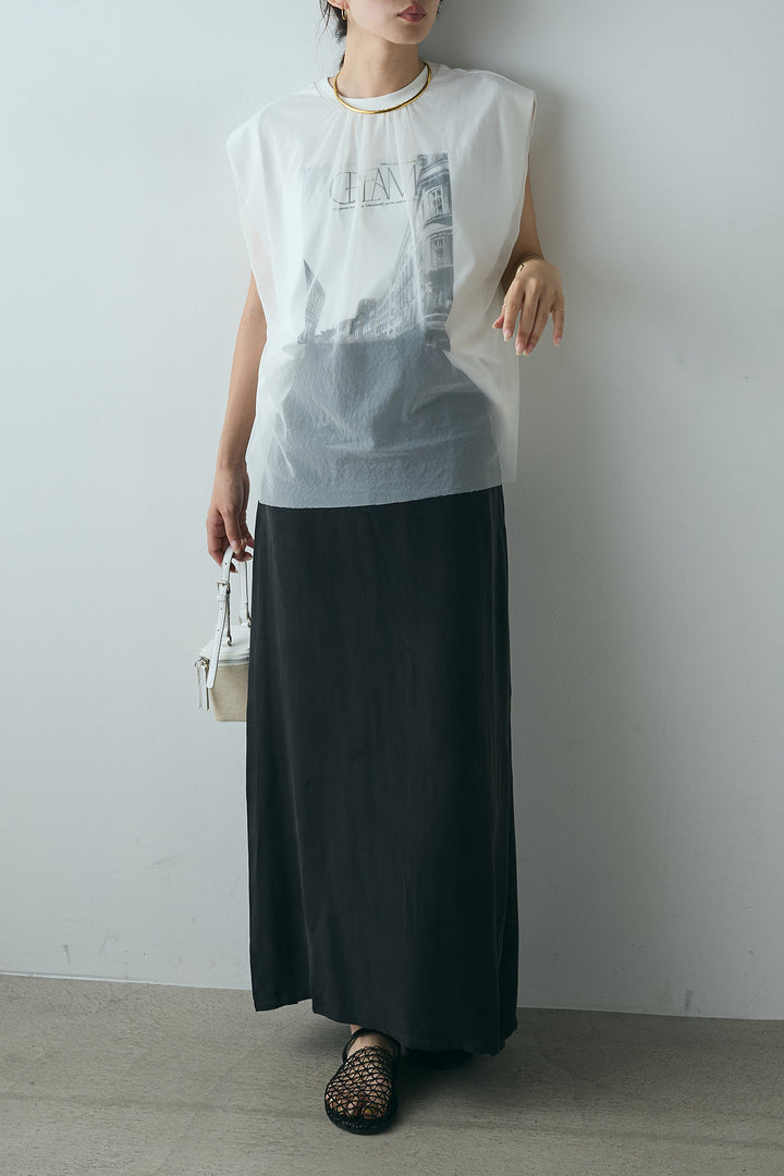 [SET]チュールレイヤードフォトプリントTシャツ+キュプラロングスカート(2set)