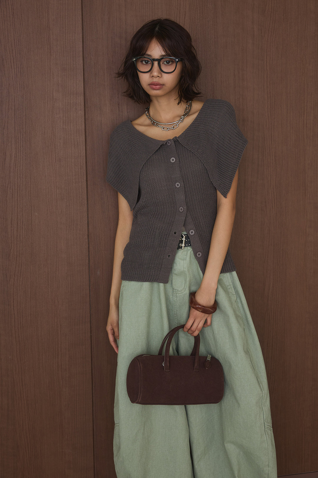 [SET]ビッグカラーボタンニットトップス+ベルト付きカラーデニムパンツ(2set)