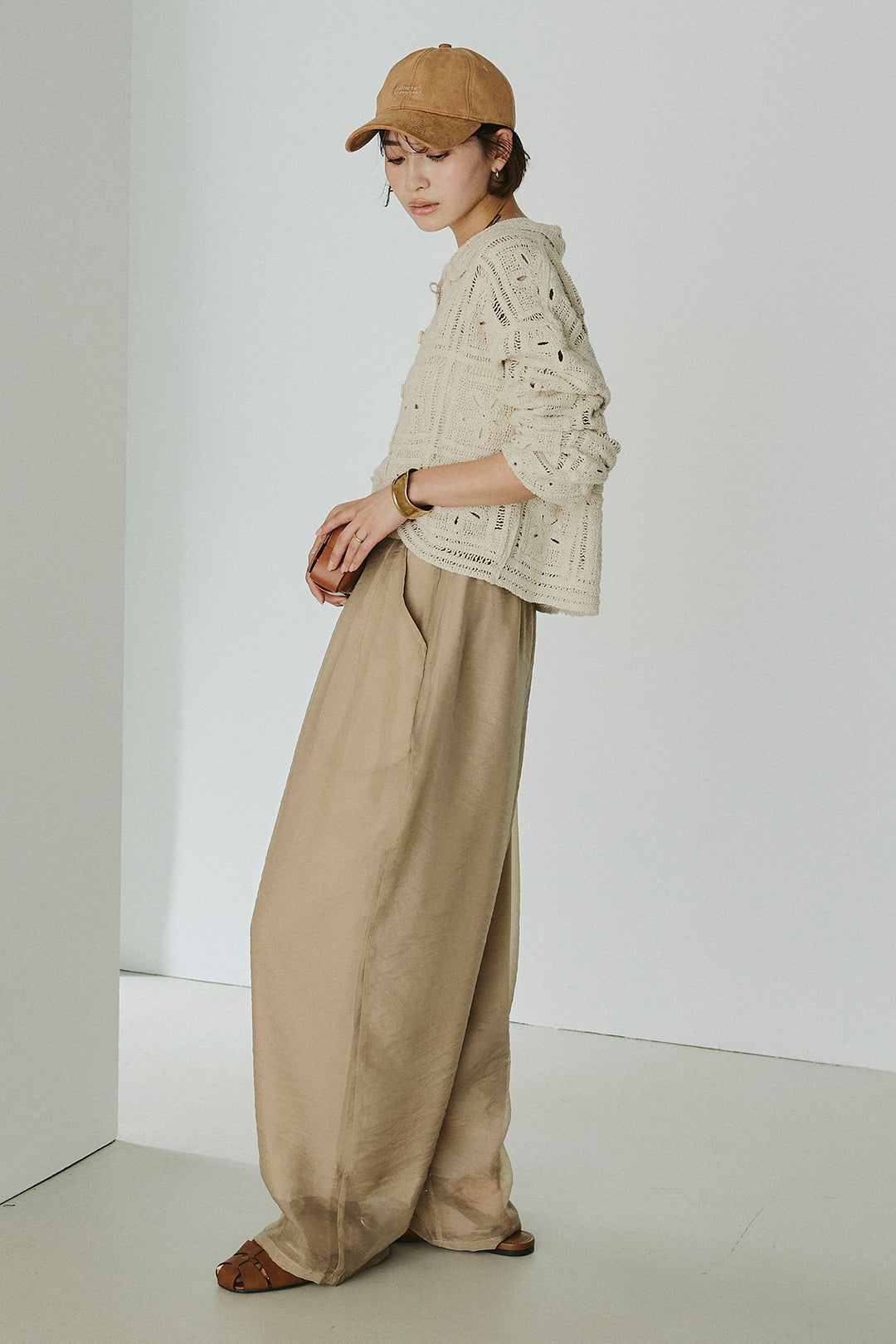 [SET]鍵編みフラワーレースカーディガン+オーガンジータックパンツ(2set)