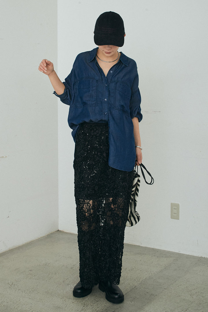 [SET]テンセルデニムシャツ+ラメ刺繍デザインスカート(2set)