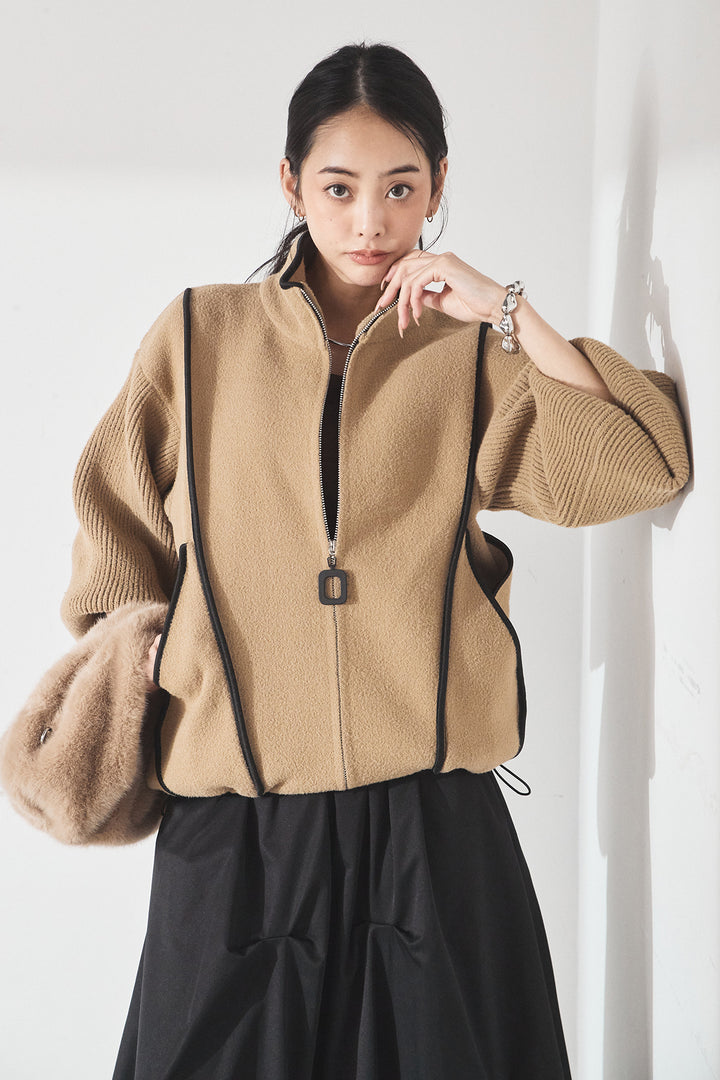 [SET]ハイネックパイピングデザインブルゾン+ランダムタックバルーンスカート(2set)