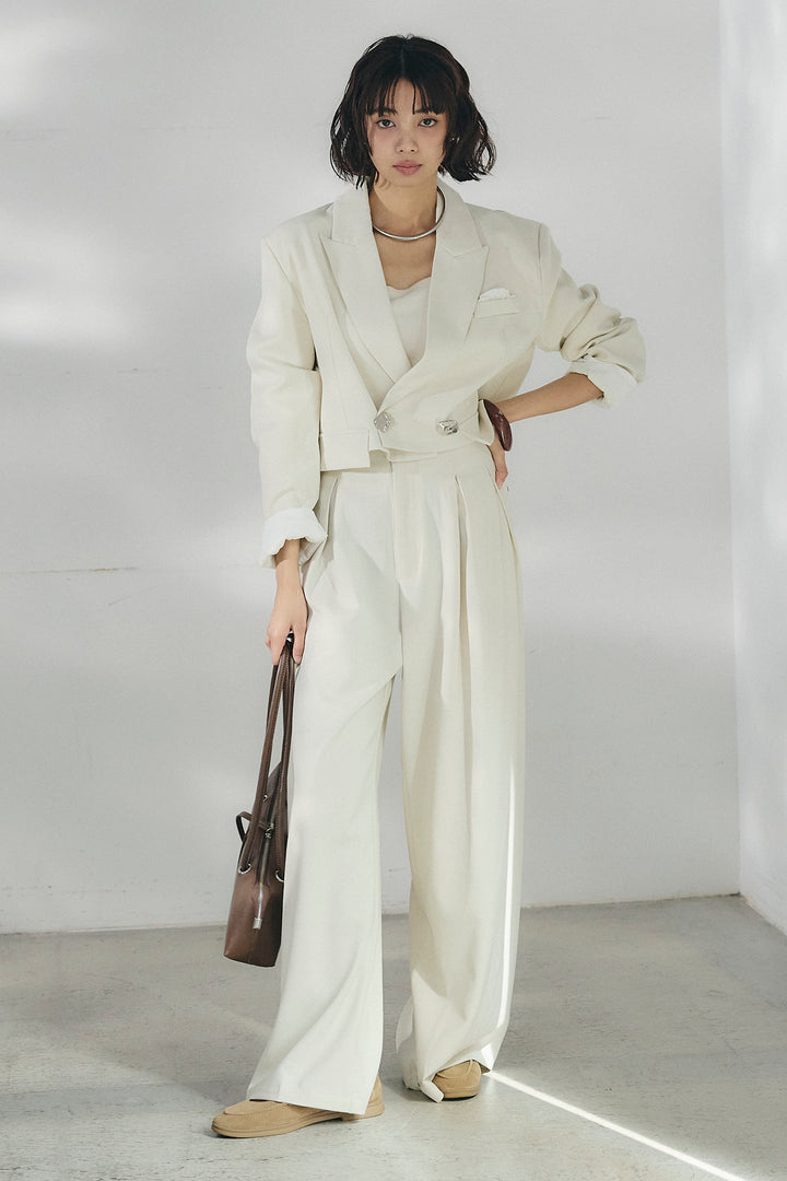 [SET]メタルプレートショート丈ジャケット+メタルプレートタックワイドパンツ(2set)