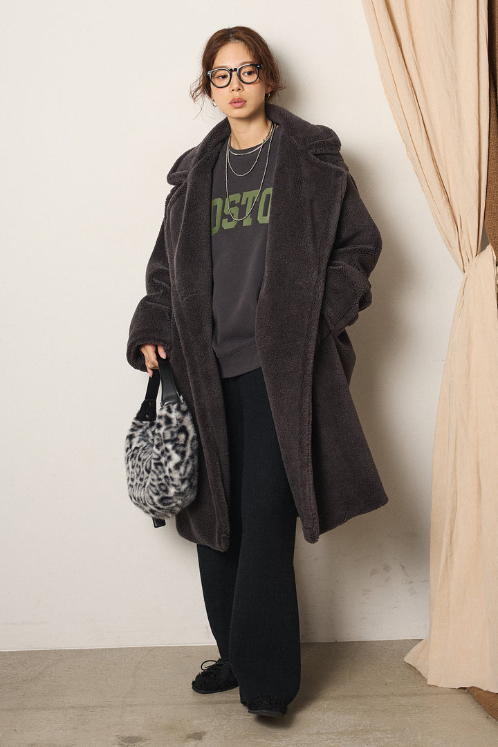 [SET]テディボアロングコート+ロゴデザインルーズスウェット+ワイドリブニットイージーパンツ(3set)