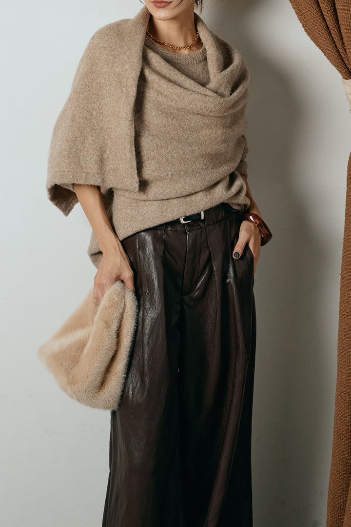 [SET]ネック巻きデザインニットトップス+ベルト付きレザーライクタックパンツ(2set)