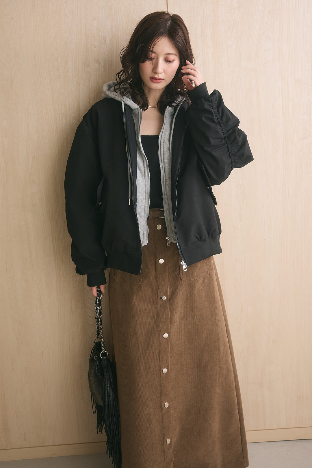 [SET]カレッジロゴフーディーブルゾン+フロントボタンコーデュロイスカート(2set)