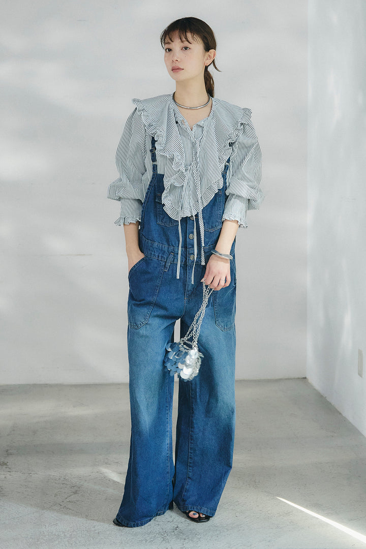 [SET]コットンフリルブラウス+デニムサロペットワイドパンツ(2set)