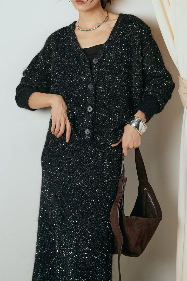 [SET]ミニラメニットカーディガン+ミニラメニットスカート(2set)