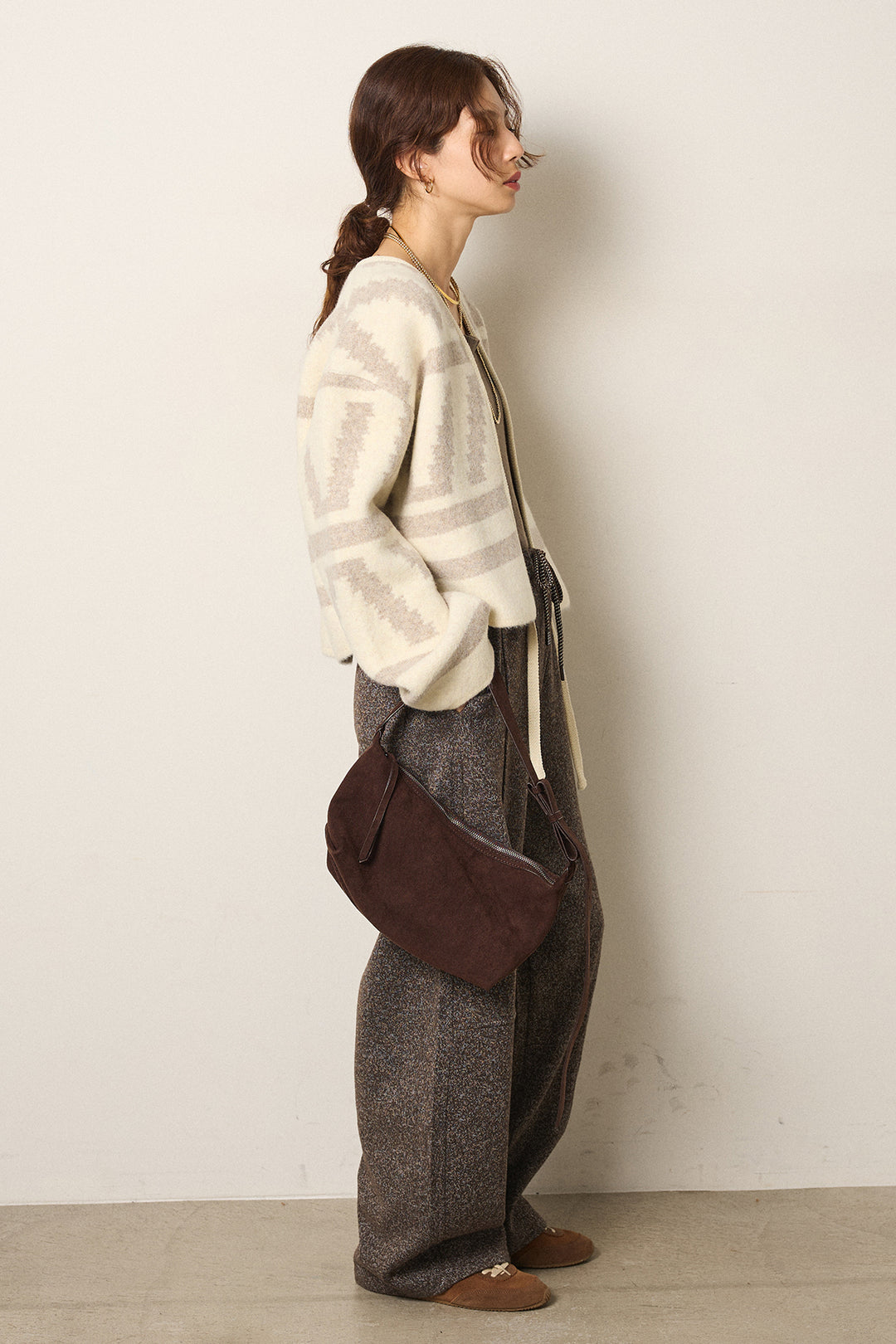 [SET]幾何学柄ノーカラーカーディガン+杢ニットフレアパンツ(2set)