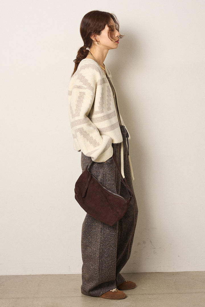 [SET]幾何学柄ノーカラーカーディガン+杢ニットフレアパンツ(2set)