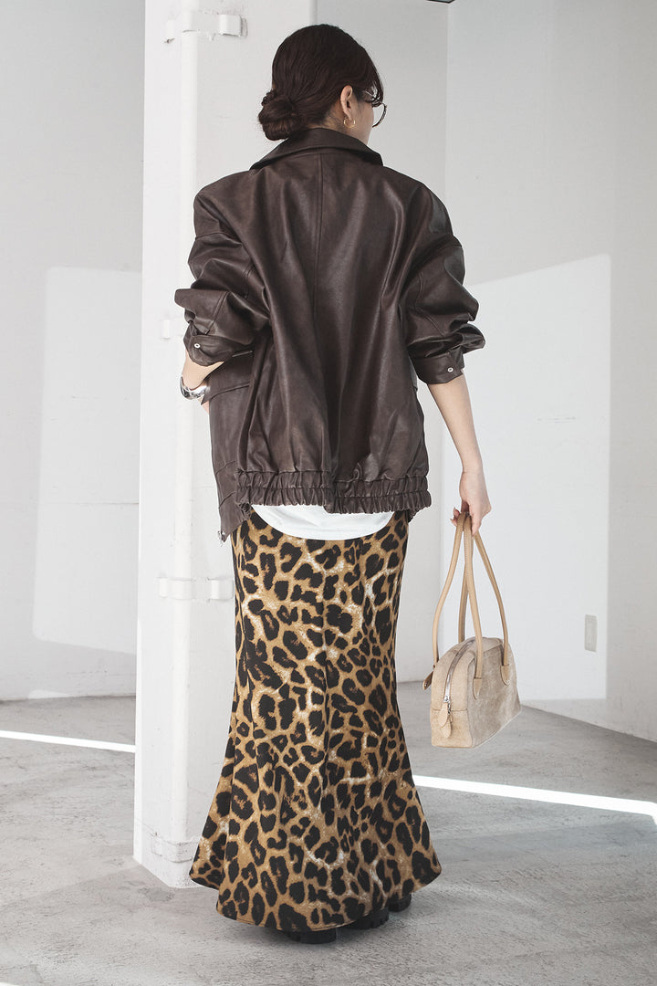 [SET]レザーライクオーバーサイズブルゾン+レオパードサテンナロースカート(2set)