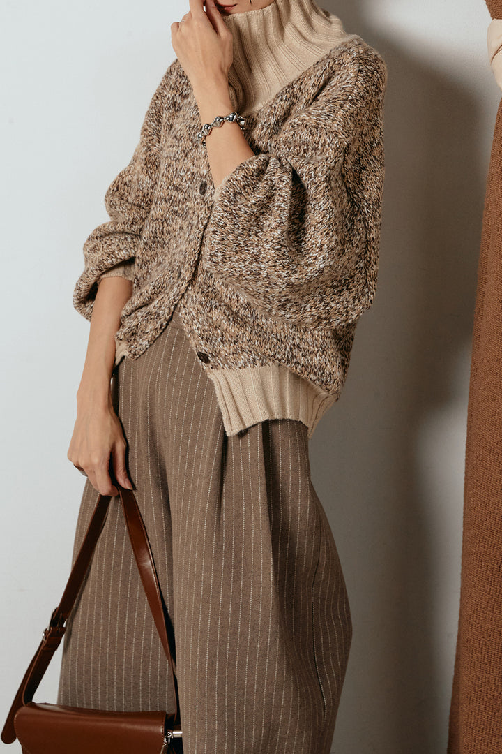 [SET]ハイネックミックスニットカーディガン+ウールライクストライプパンツ(2set)