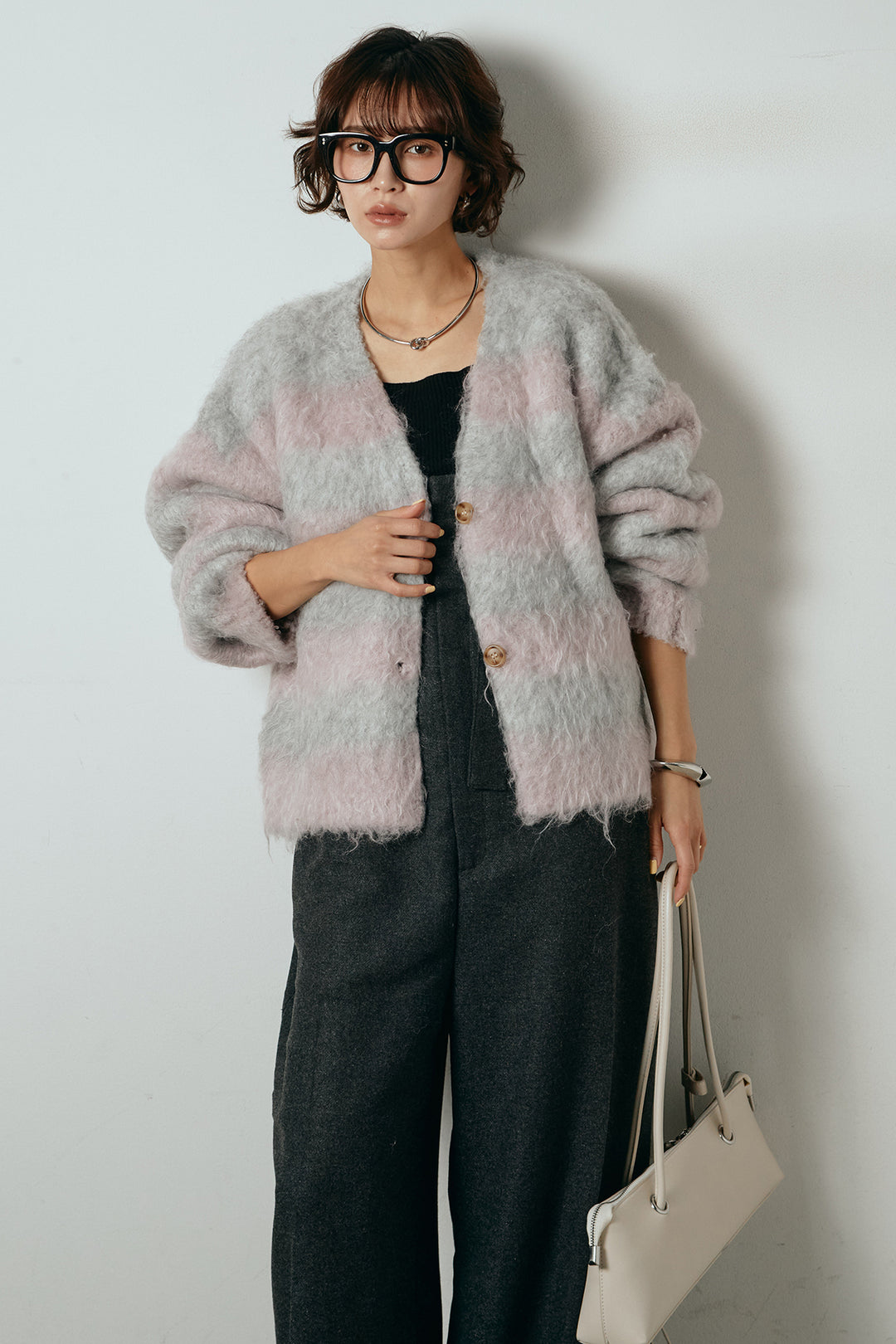 [SET]シャギーボーダー柄ニットカーディガン+ウール混フランネルワイドサロペット(2set)