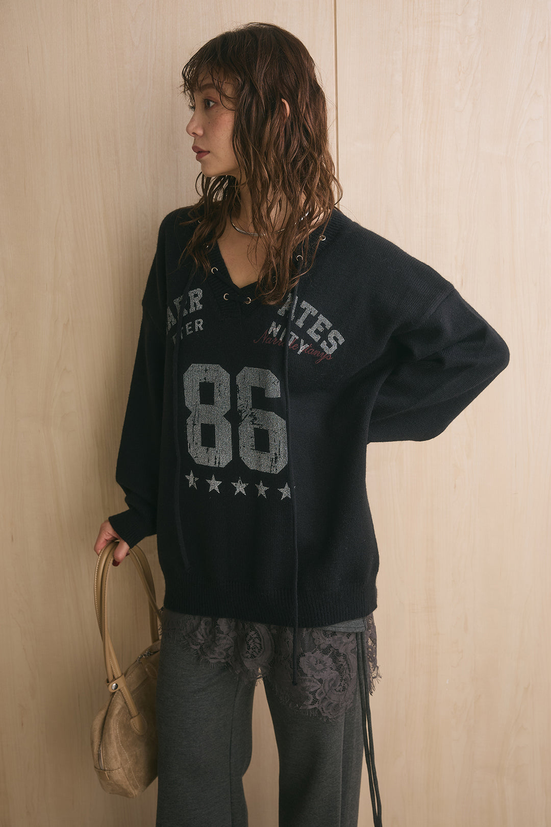 [SET]ナンバリングニットプルオーバー+レースレイヤードラップパンツ(2set)