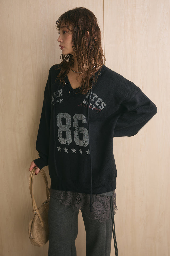 [SET]ナンバリングニットプルオーバー+レースレイヤードラップパンツ(2set)