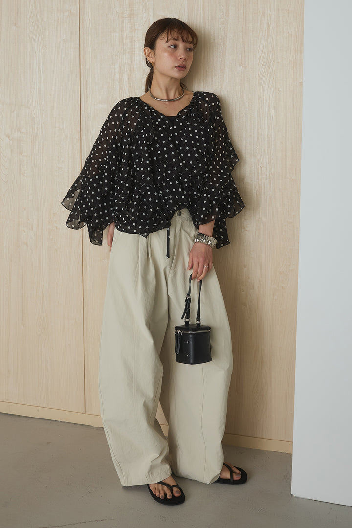 [SET]ドットフリル長袖ブラウス+コットンポリツータックセンターシームカーブパンツ(2set)