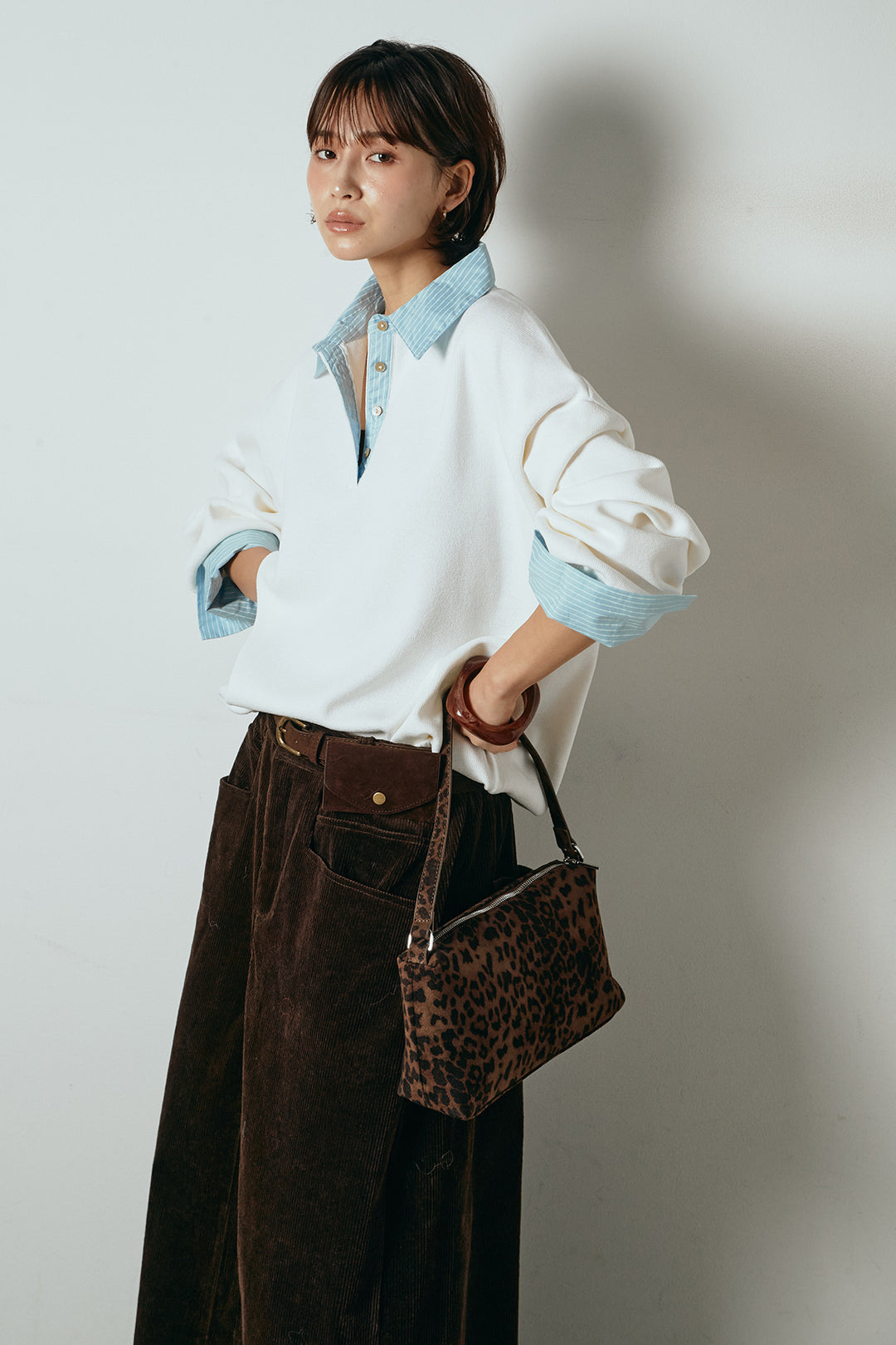 [SET]ストライプシャツドッキングポロトップス+ポーチベルト付きコーデュロイワイドスカート(2set)