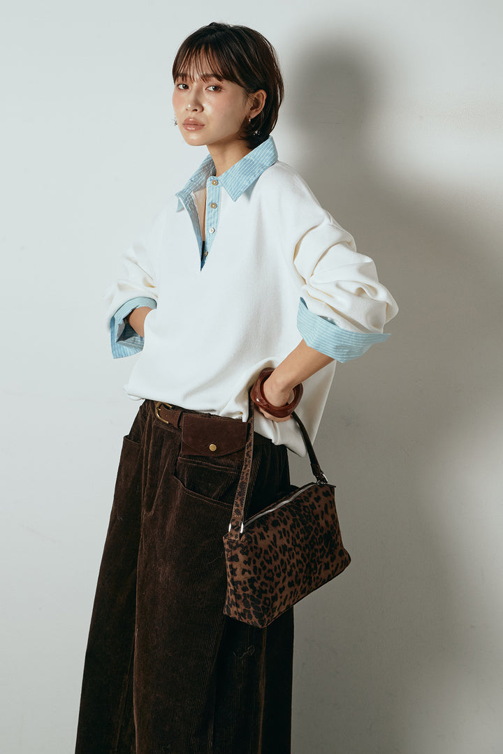 [SET]ストライプシャツドッキングポロトップス+ポーチベルト付きコーデュロイワイドスカート(2set)