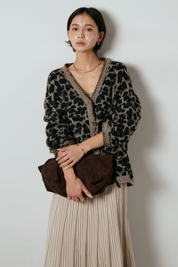 [SET]ステッチデザインレオパードニットカーディガン+リブニットフレアスカート(2set)