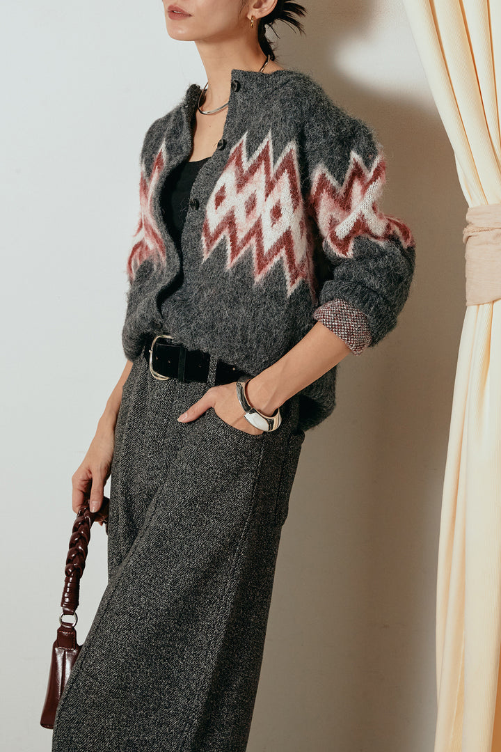 [SET]起毛ノルディック柄ニットカーディガン+太ベルト付きツイードワイドパンツ(2set)