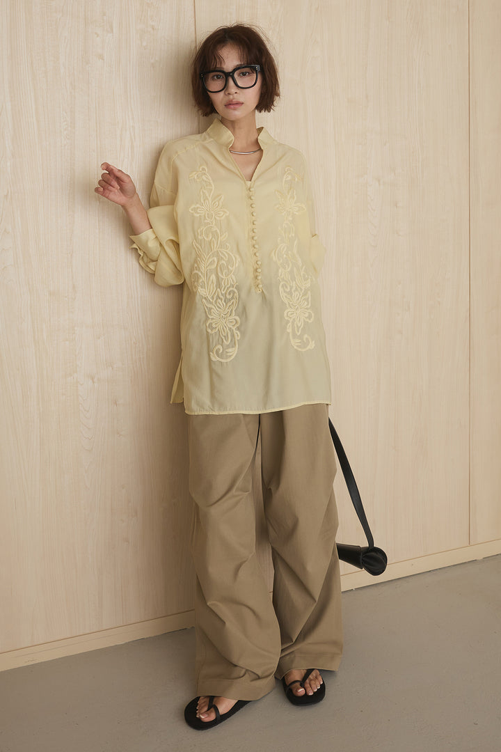 [SET]フロントボタンニュアンス柄ブラウス+ニーサイドタックウエストドロストパンツ(2set)