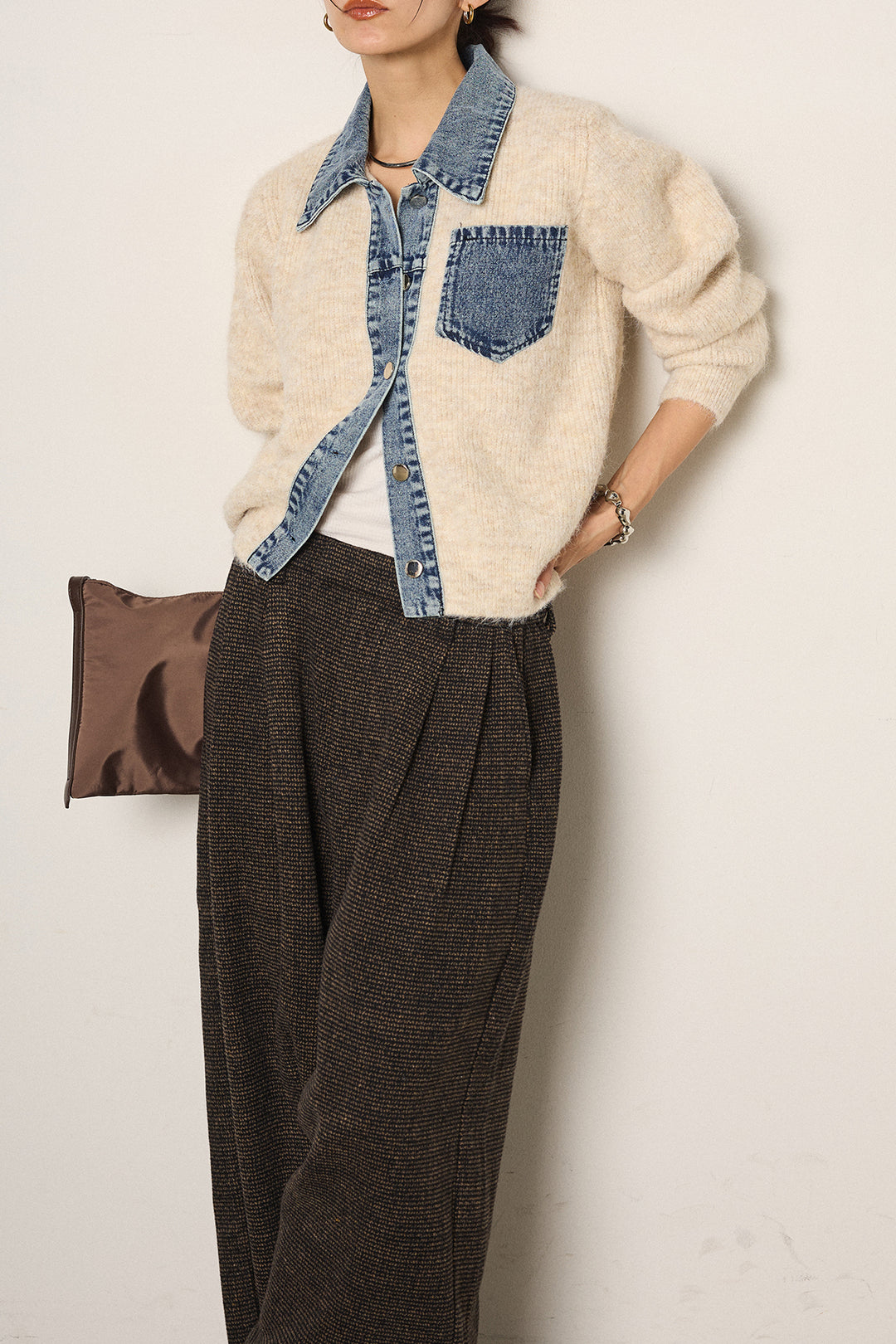 [SET]襟付きデニム切替ニットカーディガン+起毛タック入りツイードワイドパンツ(2set)