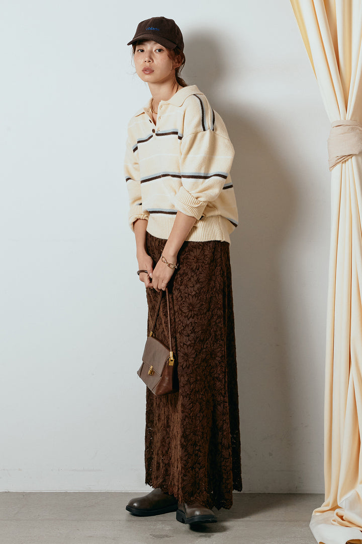 [SET]襟付きマルチボーダーニットポロトップス+花柄刺繍ベロアフレアスカート(2set)