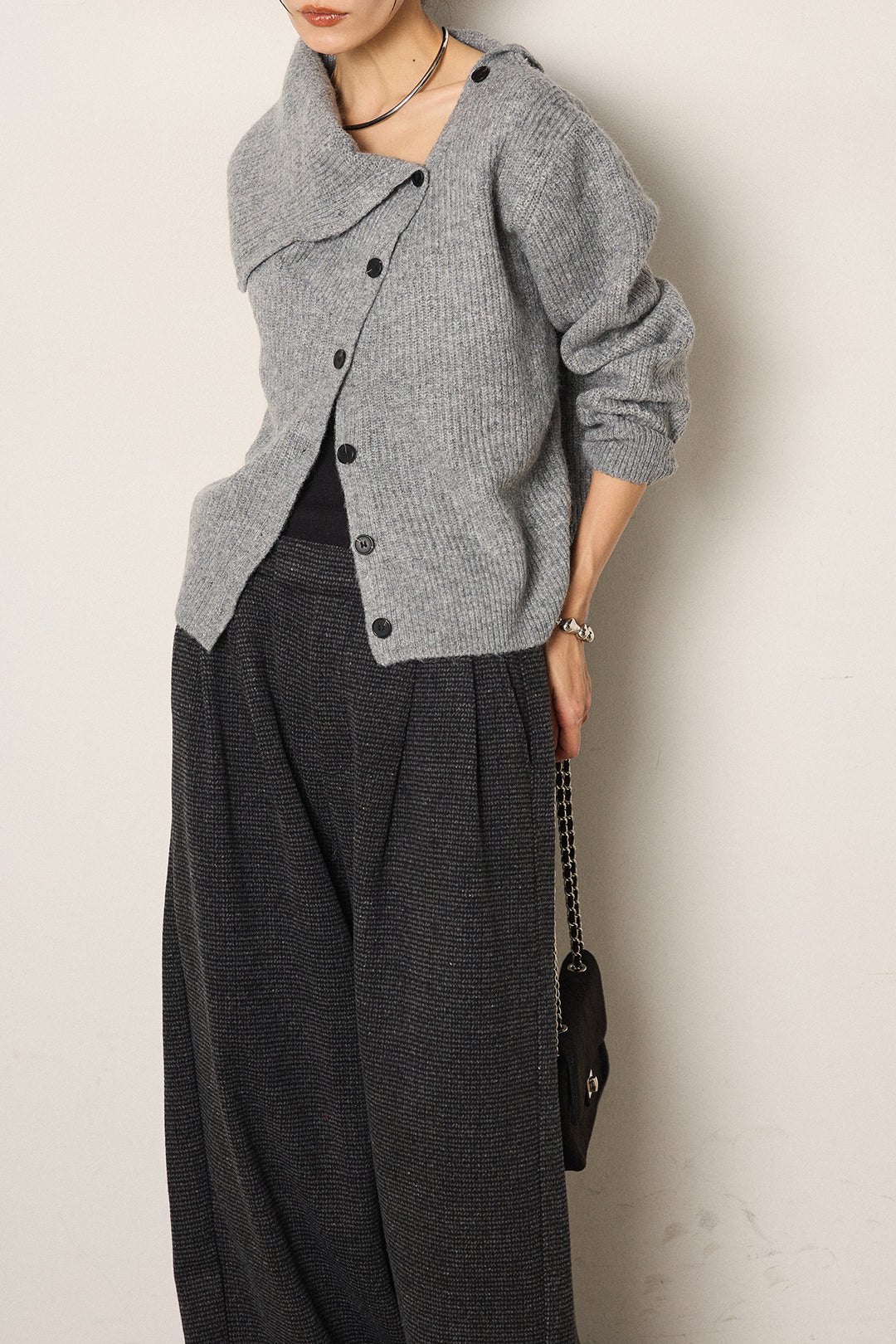 [SET]ボタンデザインネックニットプルオーバー+起毛タック入りツイードワイドパンツ(2set)
