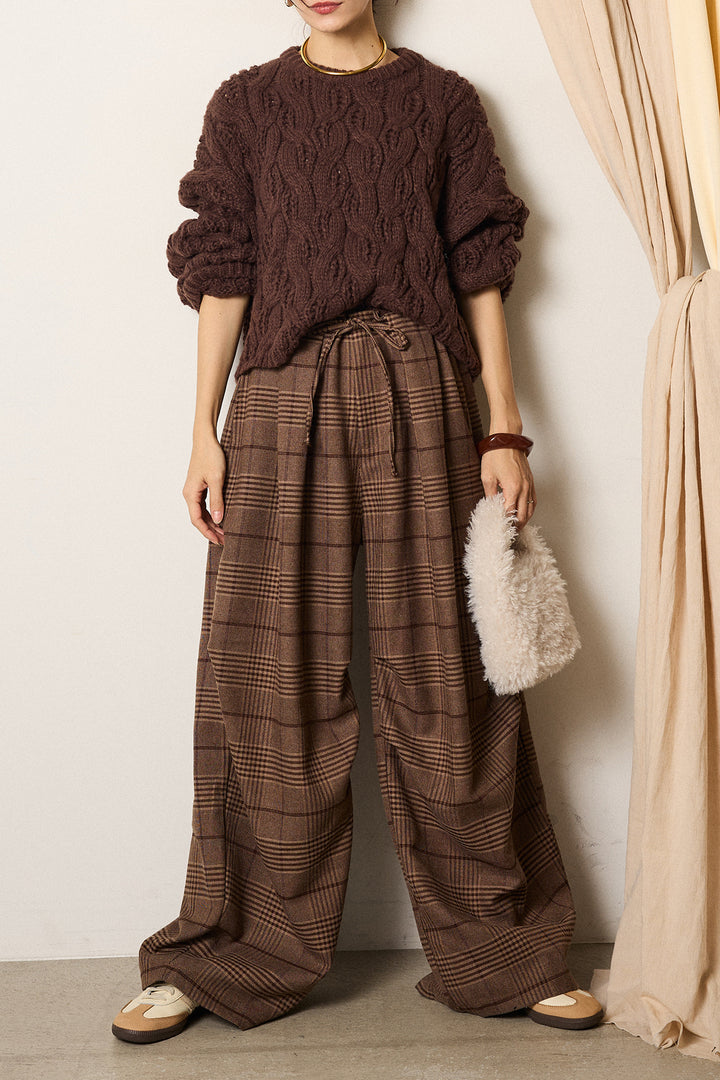 [SET]ケーブルリラックスショートニット+グレンチェックルーズタックパンツ(2set)