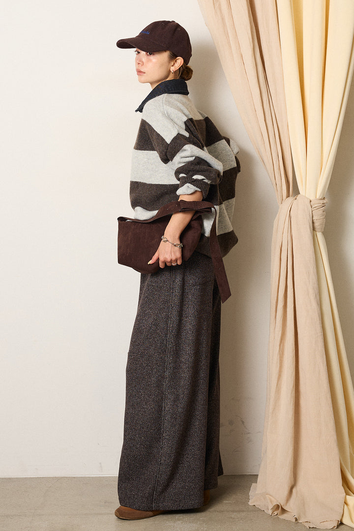 [SET]デニムカラーボーダールーズニット+太ベルト付きツイードワイドパンツ(2set)