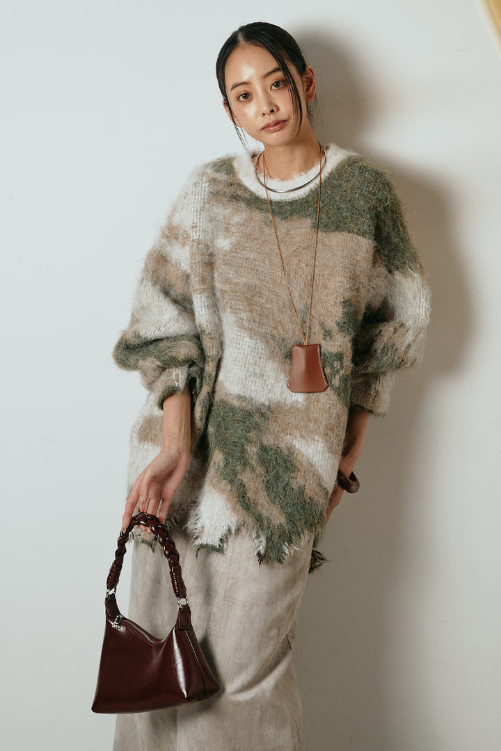 [SET]起毛裾デザインニュアンス柄ニットトップス+エコスウェードワイドスカート(2set)