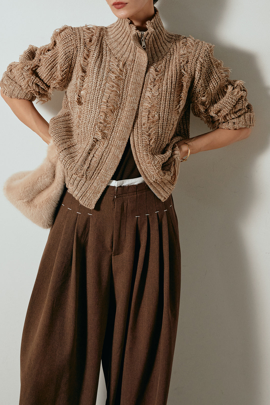 [SET]ハイネックフリンジジップニットトップス+ウエストステッチデザインワイドスラックス(2set)