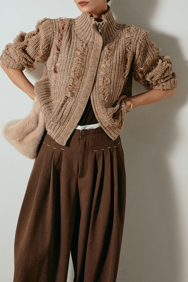 [SET]ハイネックフリンジジップニットトップス+ウエストステッチデザインワイドスラックス(2set)