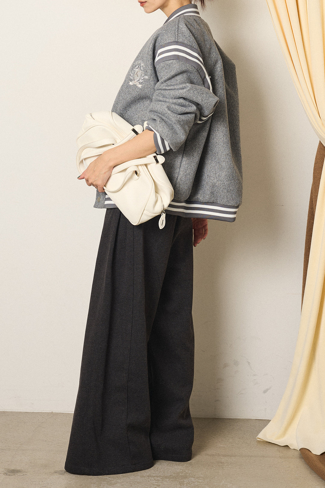 [SET]ワンポイントデザインブルゾン+編みベルト付きワイドパンツ(2set)