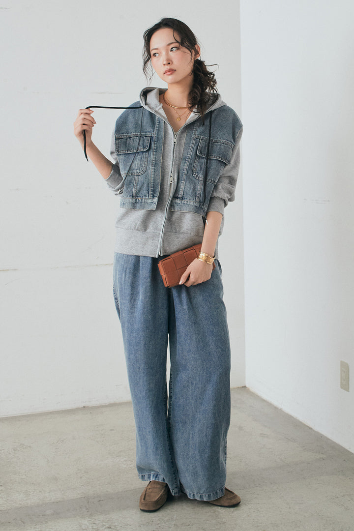 [SET]デニム切替ポンチダブルジップパーカー+テンセルデニムイージーワイドパンツ(2set)
