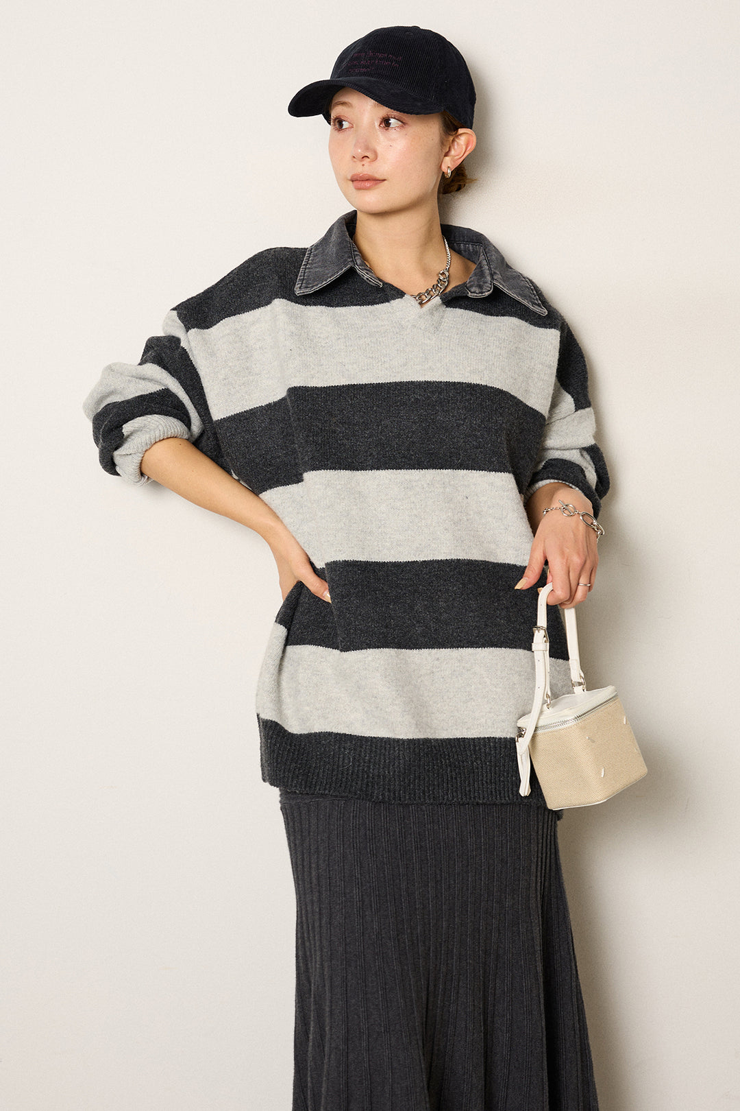 [SET]デニムカラーボーダールーズニット+編み地切り替えフレアニットスカート(2set)