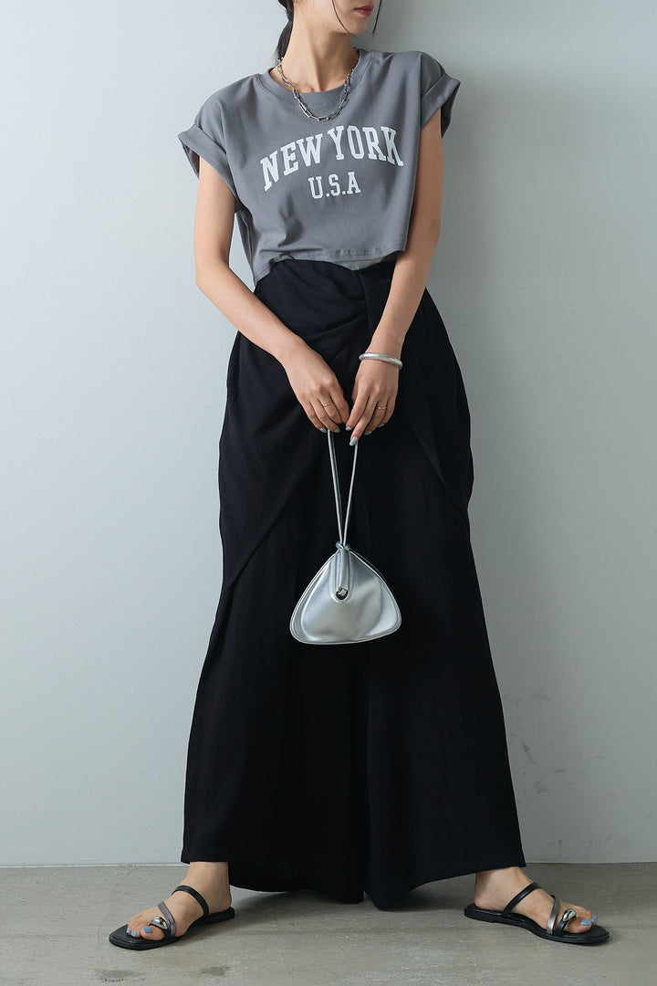 [SET]ショート丈NEWYORKロゴTシャツ+ねじりデザインワイドパンツ(2set)
