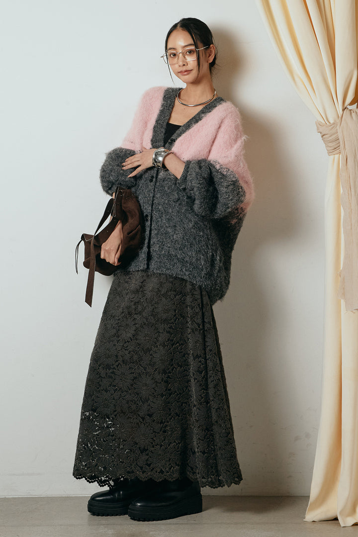 [SET]起毛グラデーションニットカーディガン+花柄刺繍ベロアフレアスカート(2set)