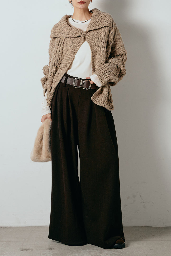 [SET]ビッグカラーケーブル編みニットトップス+2WAY袖コード刺繍クルーネックプルオーバー(2set)