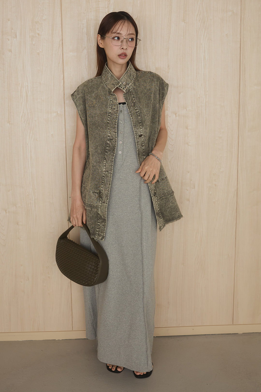 [SET]ケミカルデニムヘムカットオフジレ+ノースリロングワンピース(2set)