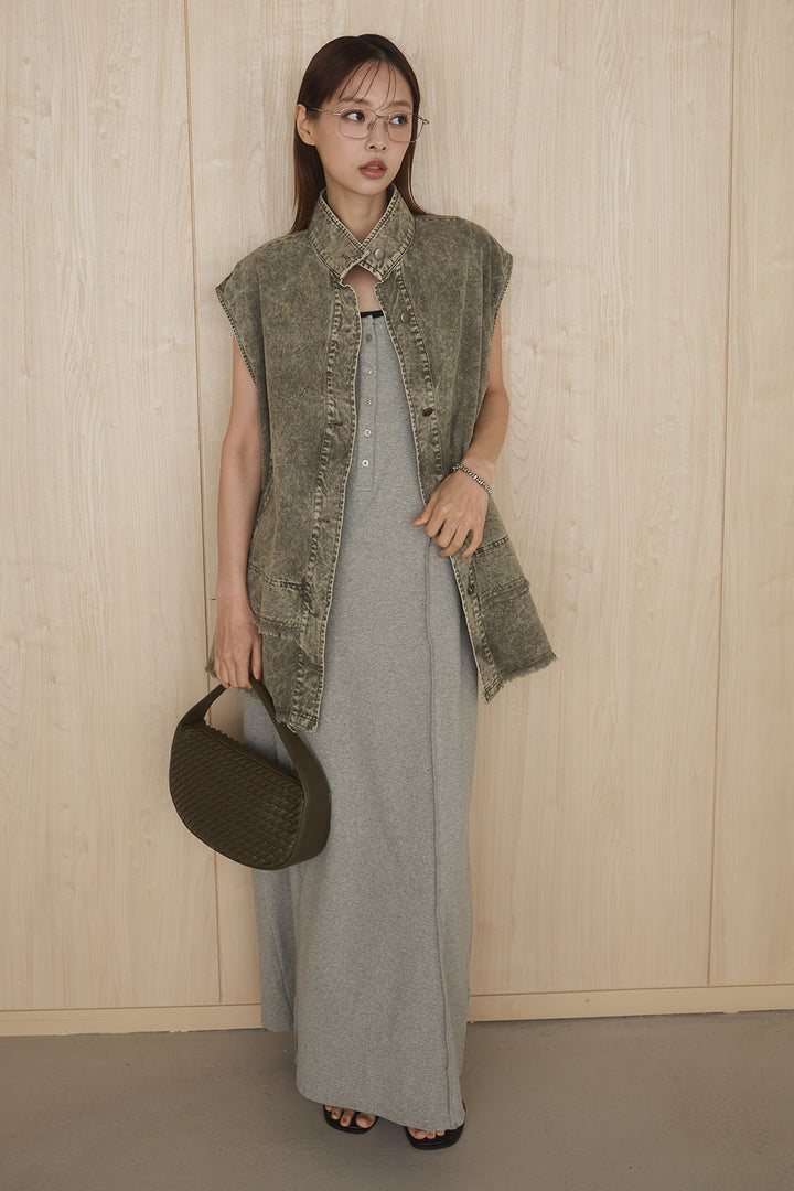 [SET]ケミカルデニムヘムカットオフジレ+ノースリロングワンピース(2set)