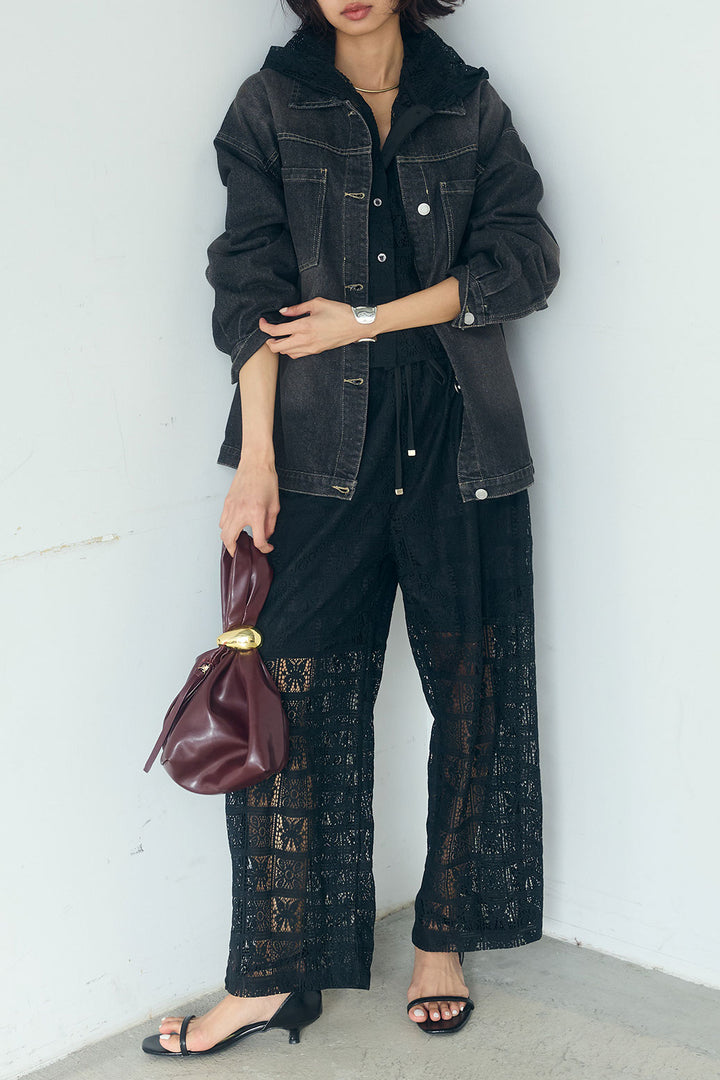 [SET]デニムオーバーサイズジャケット+パッチワークレースイージーパンツ+パッチワークレースショート丈フードシャツ(3set)