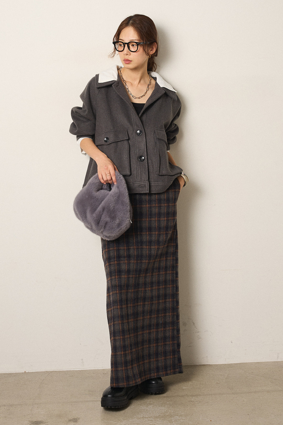 [SET]衿レイヤードフェイクウールジャケット+シャギーチェックストレートスカート(2set)