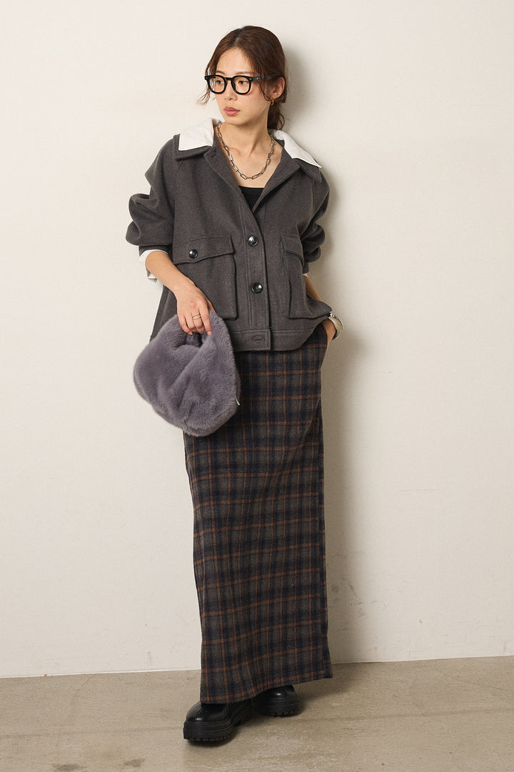 [SET]衿レイヤードフェイクウールジャケット+シャギーチェックストレートスカート(2set)