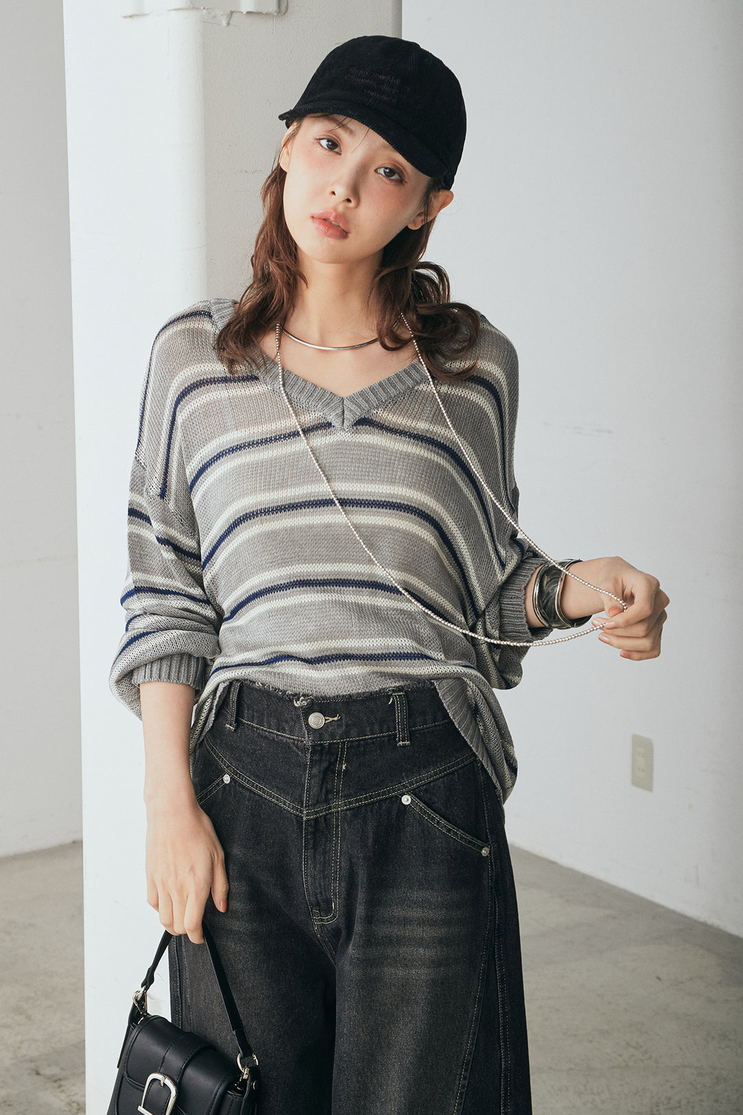 [SET]綿タッチVネックボーダートップス+デニムヨークパンツ(2set)