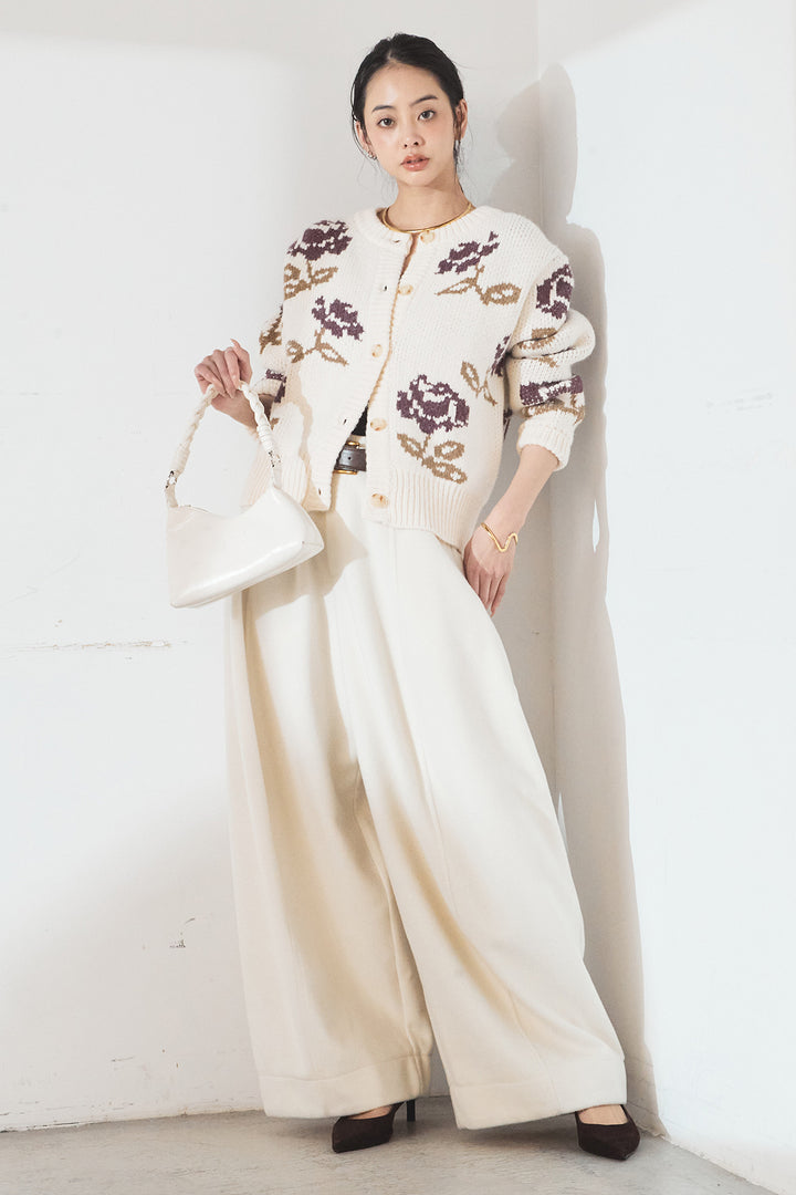 [SET]花柄ジャガードニットカーディガン+ウールタッチカーブワイドパンツ(2set)
