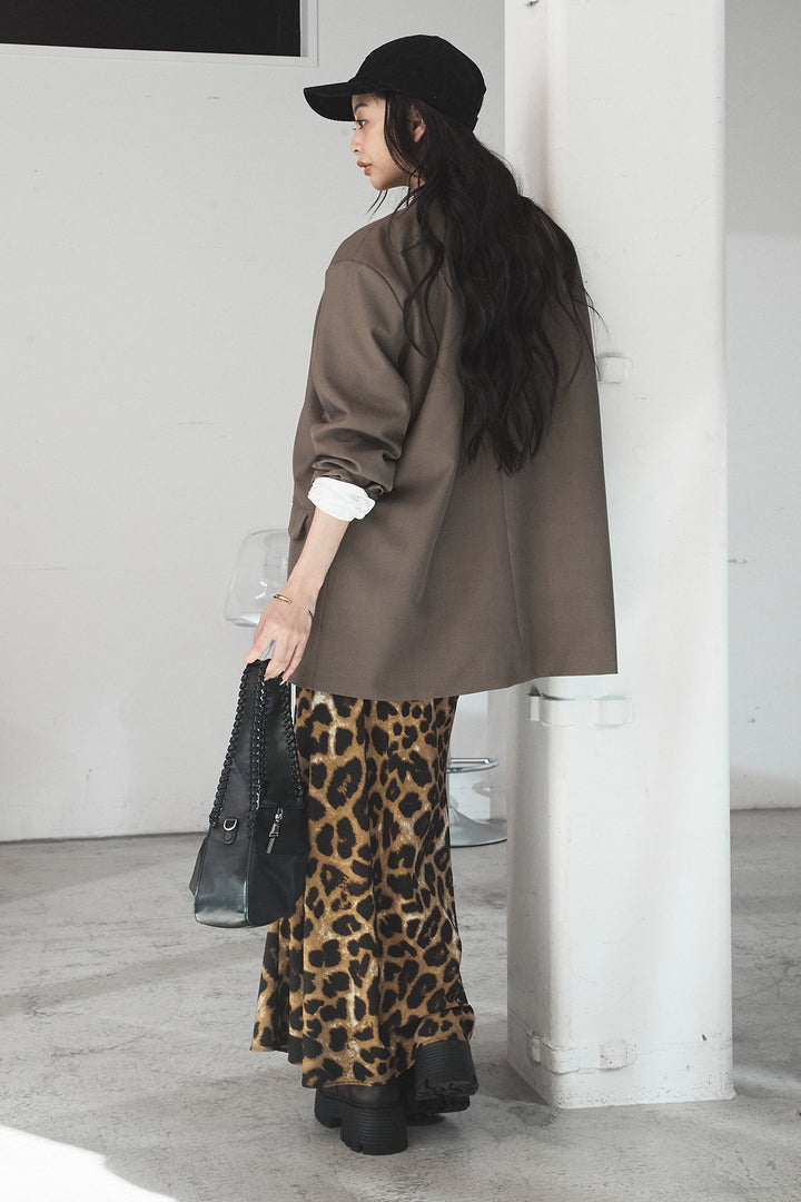 [SET]ルーズシルエットダブルテーラードジャケット+レオパードサテンナロースカート(2set)