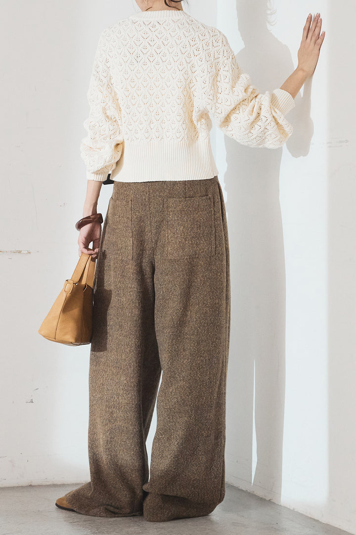 [SET]透かし編みニットジップスリットプルオーバー+タックツイードワイドパンツ(2set)