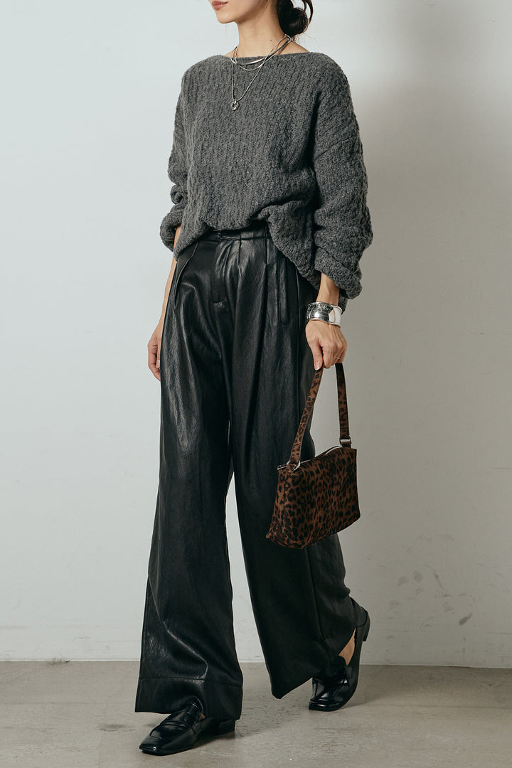 [SET]ボリューム編みニットプルオーバー+ベルト付きレザーライクタックパンツ(2set)