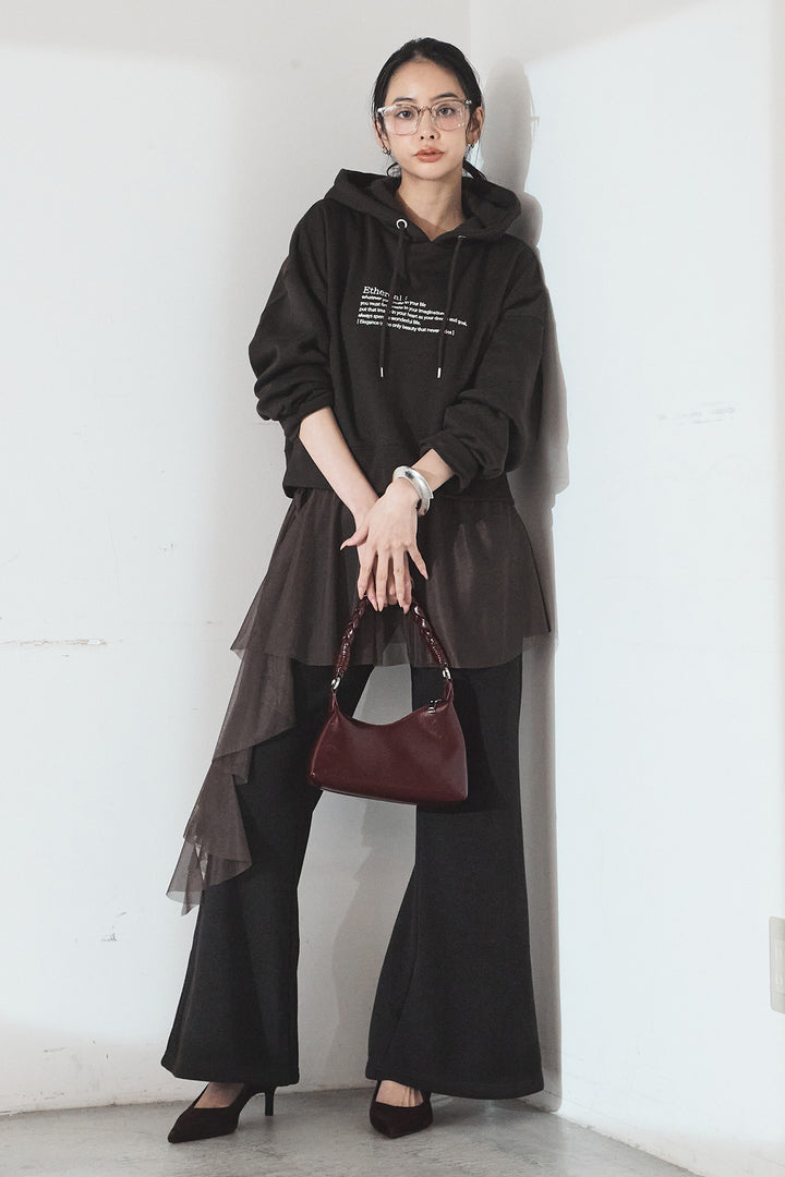 [SET]裏起毛レタリング刺繍フーディショートプルオーバー+チュールレイヤードニットパンツ(2set)