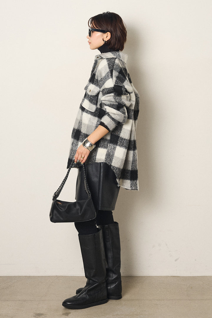 [SET]起毛チェック柄ポケットアウター+ストレッチエコレザーバミューダパンツ(2set)